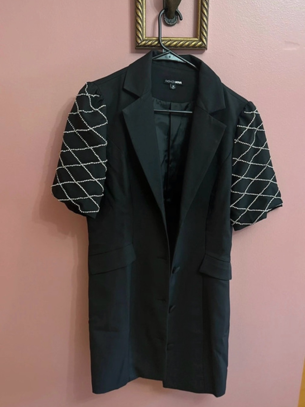 Fashion Nova Black Short Puff Sleeve Blazer with Silver Bead Lattice